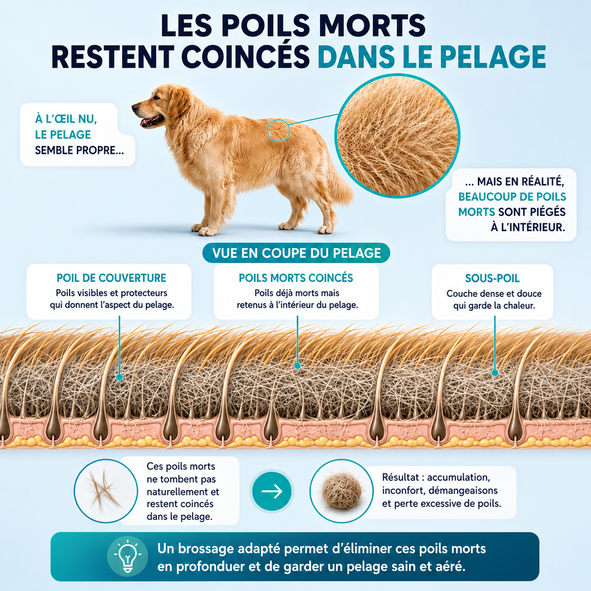 Poils morts retenus dans le pelage